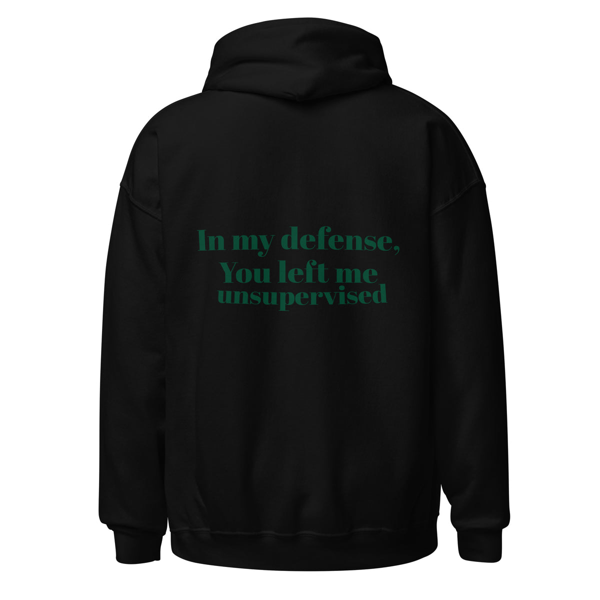 Unisex hoodie sedd bakifrån med texttryck på ryggen