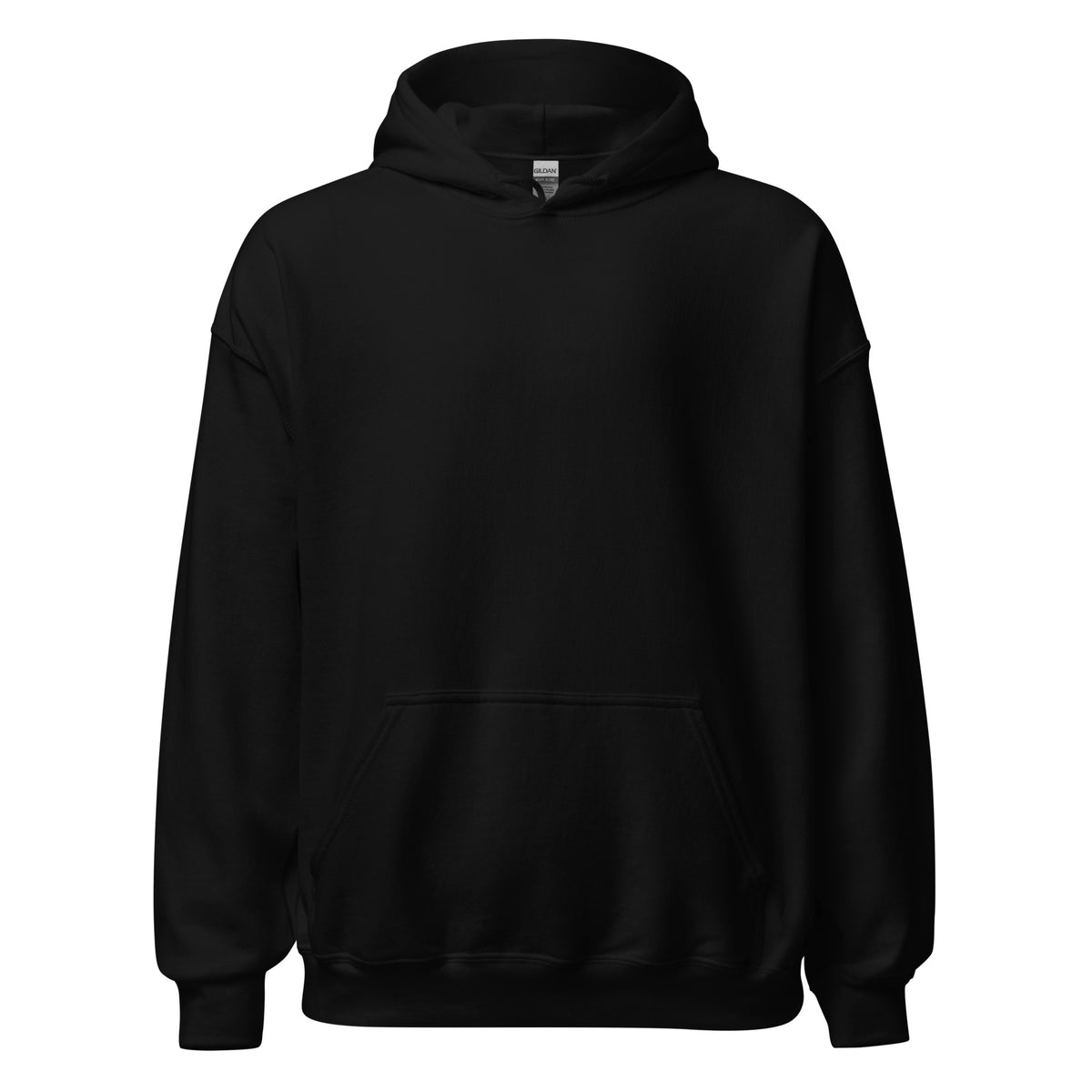 Svart unisex hoodie framifrån med känguruficka